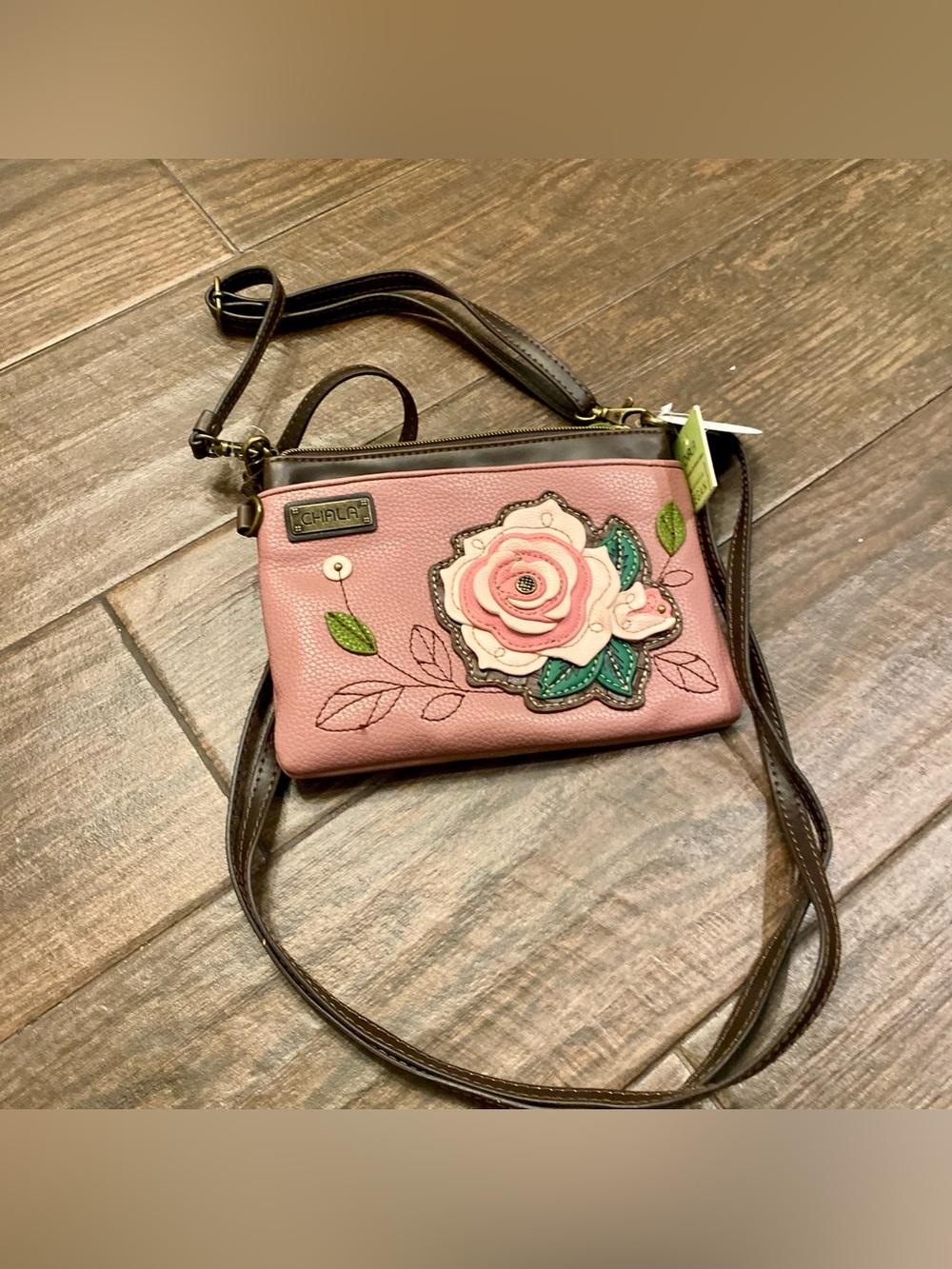 Chala Pink Floral Applique Crossbody with Brown Strap - Picture 10 of 10